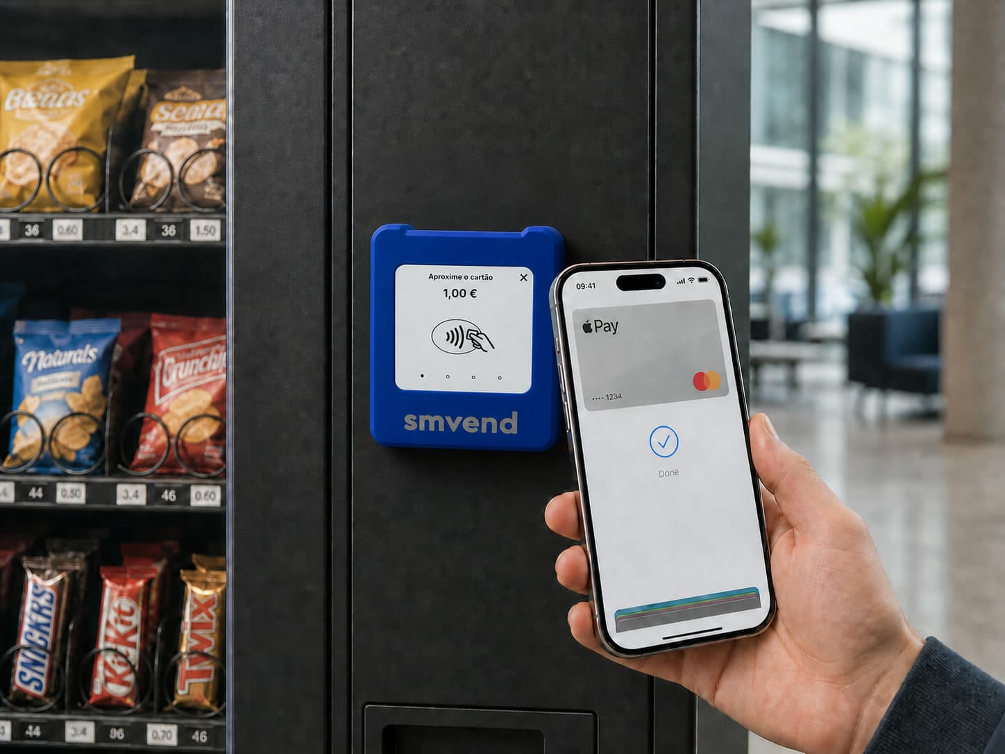SumUp Solo uzstādīts uz tirdzniecības automāta, maksājums ar Apple Pay