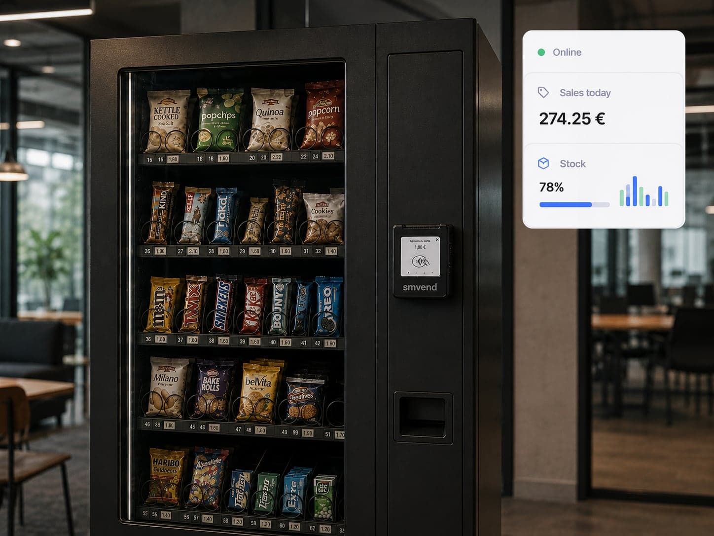 Pieslēgts tirdzniecības automāts ar pārdošanas un krājumu telemetriju reāllaikā